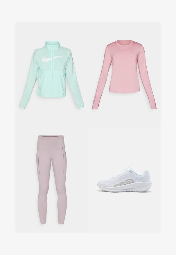 Chaqueta Nike de color verde menta con un alto cuello, cremallera completa, mangas largas y un prominente logo en forma de swoosh blanco en el pecho. Tejido ligero.; Camiseta deportiva de manga larga en color rosa, hecha de una tela suave y ligera, con un cuello redondo y un sutil logo de Nike en el pecho.; Leggings en un suave color malva, confeccionados con una tela elástica, que cuentan con una cinturilla alta y bolsillos laterales con detalles de costura.; Zapatilla deportiva blanca con parte superior de malla, punta redondeada y suela texturizada. Presenta un swoosh de Nike plateado y un diseño minimalista.