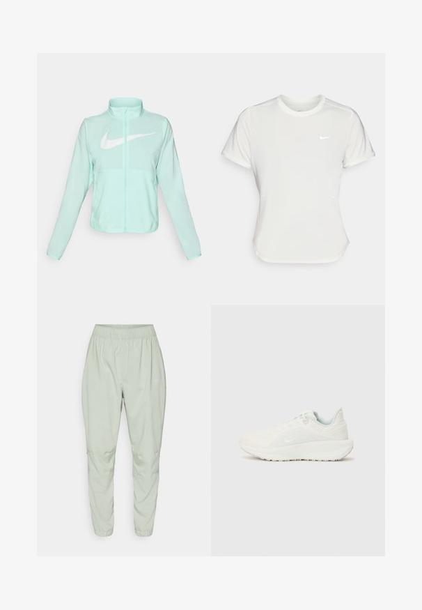 Mėtų žalios spalvos Nike striukė su aukštu apykakle, pilnu užtrauktuku, ilgomis rankovėmis ir ryškia balta swoosh logotipu krūtinėje. Lengvas audinys.; Nike marškinėliai balti, trumpomis rankovėmis, apvaliu iškirpimu, pagaminti iš lygaus, lengvo audinio. Yra subtilus logotipas ant krūtinės.; Nike Performance DRI-FIT FAST - Treningo apatinė dalis - jade horizon; Balti sportiniai bateliai su tekstūruota viršutine dalimi, paminkštintu apykaklėmis ir šnorelių uždarymu. Turi kreivą pado kontūrą ir subtilų ženklinimą šone.