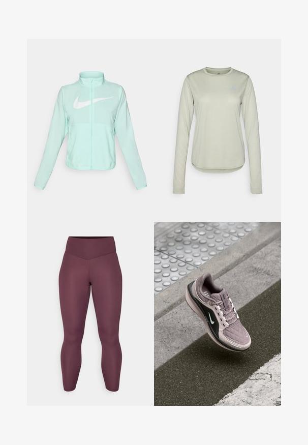 Minttu vihreä Nike-takki, jossa on korkea kaulus, täysi vetoketju, pitkät hihat ja suuri valkoinen swoosh-logo rinnassa. Kevyt kangas.; Vaaleanvihreä pitkähihainen paita, joka on valmistettu teksturoidusta kankaasta. Paidassa on pyöreä kaula-aukko ja pieni logo vasemmassa rinnassa.; Vartalolle tiukasti istuvat, korkeavyötäröiset legginssit syvän burgundin värisessä sävyssä. Valmistettu sileästä, joustavasta kankaasta ilman näkyviä kuvioita tai metalliosia.; Vaaleanlila urheilujalkine, jossa on tikattu pinta, mustat sivuakkentit ja valkoinen logo. Varusteena nauhat ja pehmustettu pohja mukavuutta varten.