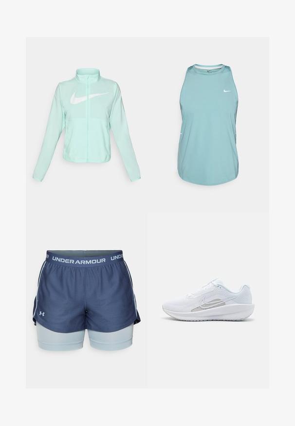 Mintgroene Nike-jas met een hoge kraag, volledige rits, lange mouwen en een opvallend wit swoosh-logo op de borst. Lichtgewicht stof.; Lichtblauw mouwloos sporttanktop gemaakt van glad, synthetisch materiaal. Heeft een ronde halslijn en een klein wit logo aan de voorkant.; Marineblauwe shorts met lichtblauwe binnenbroekjes. Voorzien van een elastische tailleband met "Under Armour"-branding en een zijsplit voor bewegingsvrijheid. Gladde textuur.; Witte sportieve schoen met een bovenwerk van mesh, ronde neus en een textuurzool. Beschikt over een zilveren Nike swoosh en een minimalistisch ontwerp.