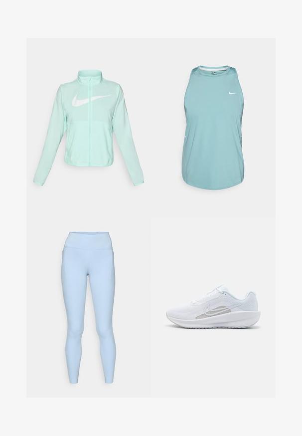 Mint green Nike jacket with a high collar, full zipper, long sleeves, and a prominent white swoosh logo on the chest. Lightweight fabric.; Light blue sleeveless athletic tank top made of smooth, synthetic material. Features a round neckline and small white logo on the front.; Light blue leggings with a high waistband, smooth texture, and side pockets. Features subtle stitching details and a fitted design.; White athletic shoe with mesh upper, rounded toe, and textured sole. Features a silver Nike swoosh and minimalistic design.