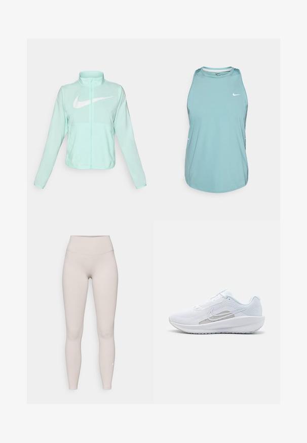Mátově zelená Nike bunda s vysokým límcem, plným zipem, dlouhými rukávy a výrazným bílým swoosh logem na hrudi. Lehce prodyšný materiál.; Svetle modré bezramínkové sportovní tričko vyrobené z hladkého, syntetického materiálu. Má kulatý výstřih a malé bílé logo na přední straně.; Beige legíny s vysokým pasem vyrobené z měkké a pružné tkaniny, s hladkým povrchem a malým bílým logem blízko kotníku.; Bílé sportovní boty s síťovaným vrškem, zaoblenou špičkou a texturovanou podrážkou. Mají stříbrný logo Nike a minimalistický design.