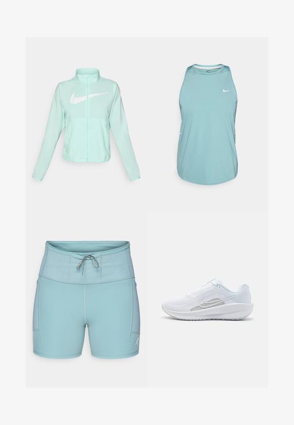 Miętowo-zielona kurtka Nike z wysokim kołnierzem, pełnym zamkiem błyskawicznym, długimi rękawami i wyraźnym białym logo swoosh na piersi. Lekki materiał.; Jasnoniebieski bezrękawnik sportowy wykonany z gładkiego, syntetycznego materiału. Posiada okrągły dekolt oraz małe białe logo z przodu.; Jasnoniebieskie spodenki sportowe z szerokim elastycznym paskiem, sznurkiem i bocznymi kieszeniami. Gładki materiał z płaskimi szwami dla wygody.; Białe sportowe buty z siateczkową cholewką, zaokrąglonym noskiem i teksturowaną podeszwą. Posiadają srebrny logo Nike i minimalistyczny design.