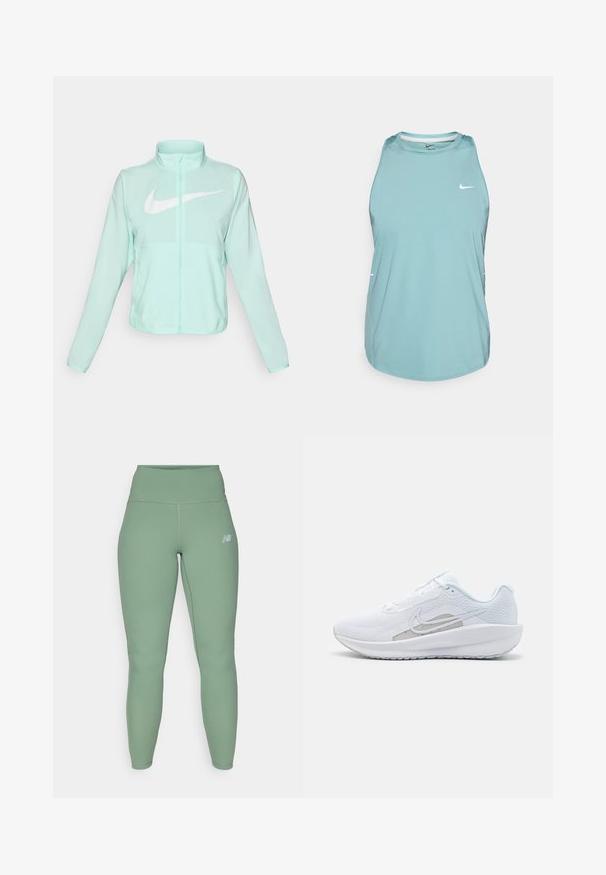 Mätovozelená Nike bunda s vysokým golierom, plným zipsom, dlhými rukávmi a výrazným bielym logom swoosh na hrudi. Ľahký materiál.; Svetlomodrý bezrukávový športový top vyrobený z hladkého syntetického materiálu. Má okrúhly výstrih a malé biele logo na prednej strane.; Legíny s vysokým pásom v tlmených zelených farbách, s hladkou textúrou a priliehavým strihom. Malé logo v tmavosivej farbe na vrchnej časti nohy.; Biele atletické topánky s priedušným zvrškom, okrúhlym prstom a štruktúrovanou podrážkou. Obsahuje strieborný Nike swoosh a minimalistický dizajn.