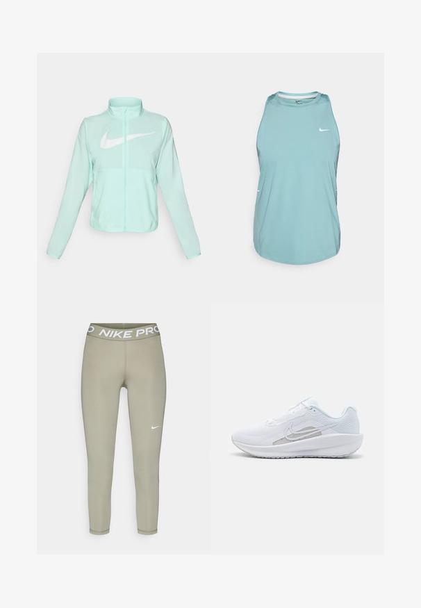 Mintgrüner Nike-Jacke mit hohem Kragen, durchgehendem Reißverschluss, langen Ärmeln und einem auffälligen weißen Swoosh-Logo auf der Brust. Leichtes Material.; Hellblaues ärmelloses Sporttanktop aus glattem, synthetischem Material. Verfügt über einen runden Halsausschnitt und ein kleines weißes Logo auf der Vorderseite.; Leggings in hellolivgrün, aus dehnbarem Stoff. Verfügt über einen breiten elastischen Bund mit dem Text "NIKE PRO" und einem kleinen weißen Logo.; Weißer Sport Schuh mit Mesh-Obermaterial, abgerundeter Zehenpartie und strukturiertem Sohlenprofil. Mit einem silbernen Nike Swoosh und minimalistischem Design.