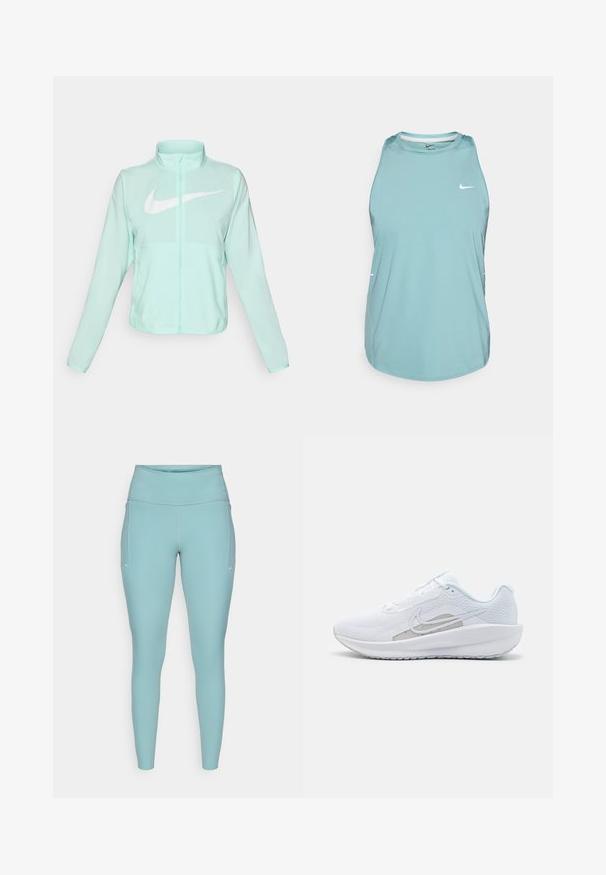 Mint green Nike jacket with a high collar, full zipper, long sleeves, and a prominent white swoosh logo on the chest. Lightweight fabric.; Light blue sleeveless athletic tank top made of smooth, synthetic material. Features a round neckline and small white logo on the front.; Light blue leggings made of stretchable material, featuring a high waistband, seamless design, and minimal white accents on the sides.; White athletic shoe with mesh upper, rounded toe, and textured sole. Features a silver Nike swoosh and minimalistic design.