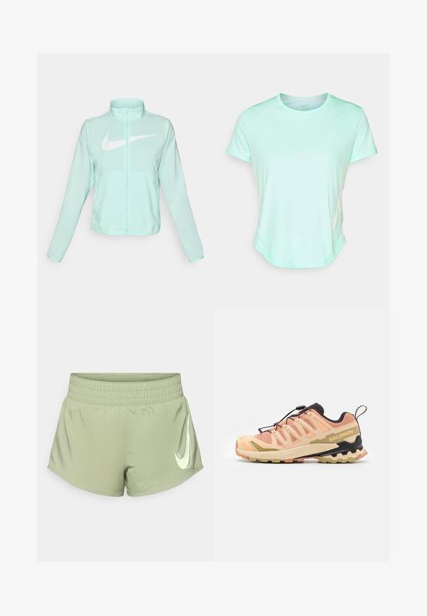 Jaka mint zelene Nike boje s visokim ovratnikom, punim patentnim zatvaračem, dugim rukavima i istaknutim bijelim Swoosh logom na prsima. Lagani materijal.; Tirkizno zeleni kratki rukav atletski majica, glatka tkanina s ovratnikom u obliku kruga i suptilnim Nike logotipom sa strane. Blago zakrivljeni rub.; Svijetlozeleni atletski šortsevi s elastičnom waistskom, koji sadrže istaknuti bijeli Nike swoosh logo na donjoj desnoj strani.; Salomon trail trkaća cipela u ružičastoj i bež boji s teksturiranim mrežastim gornjim dijelom, fleksibilnom soles, karakterističnim dizajnom pete i reflektirajućim detaljima.