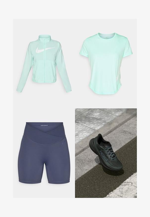 Jachetă Nike verde mentă cu un guler înalt, fermoar complet, mâneci lungi și un logo alb proeminent în formă de swoosh pe piept. Material ușor.; Tricou athletic cu mânecă scurtă de culoare verde mentă, fabricat dintr-un material neted, cu guler rotund și un logo Nike discret pe lateral. Margine ușor curbată.; Șorturi înălțate de culoare bleumarin, confecționate dintr-un material elastic, cu un design al taliei în cruce și cusături plate pentru confort.; Adidași negri pentru alergare cu partea superioară din plasă, accente texturate și logo, având o talpă cu amortizare și șireturi gri, așezați pe asfalt.