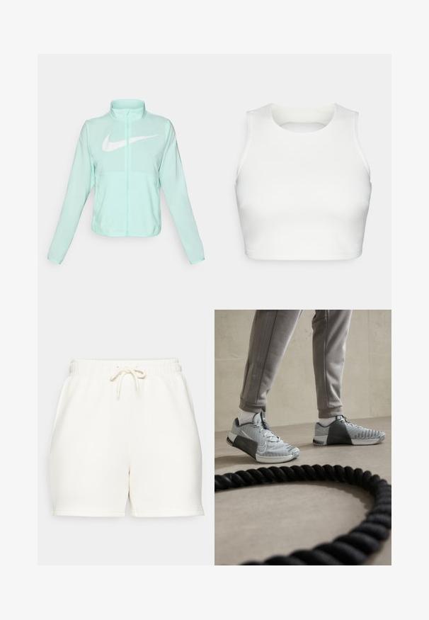 Mätovozelená Nike bunda s vysokým golierom, plným zipsom, dlhými rukávmi a výrazným bielym logom swoosh na hrudi. Ľahký materiál.; Biely bezramienkový crop top vyrobený z hladkej tkaniny, s okrúhlym výstrihom a otvoreným dizajnom na chrbte, so precíznym prešívaním pozdĺž okrajov.; Krémové šortky vyrobené z jemného materiálu, s elastickým pásom a šnúrkou na sťahovanie, majú voľný strih. Žiadne viditeľné vrecká.; Šedé a biele tenisky Nike s textúrovaným sieťovinovým zvrškom, gumovou podrážkou a bočnou podporou. Umístnené vedľa čiernej cvičebnej lana.