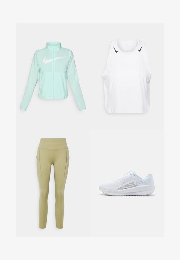 Jachetă Nike verde mentă cu un guler înalt, fermoar complet, mâneci lungi și un logo alb proeminent în formă de swoosh pe piept. Material ușor.; Top fără mâneci alb, realizat dintr-un material ușor, cu accente ale logo-ului Nike de culoare neagră pe umeri, gât rotund și croială lejeră.; Leggings atletice cu talie înaltă, de culoare verde măsliniu, fabricate dintr-un material elastic. Dispun de două buzunare laterale și un mic logo al brandului pe banda de la talie.; Pantof de atletism alb cu plasă superioară, vârf rotunjit și talpă texturată. Prezentă un logo Nike argintiu și un design minimalist.