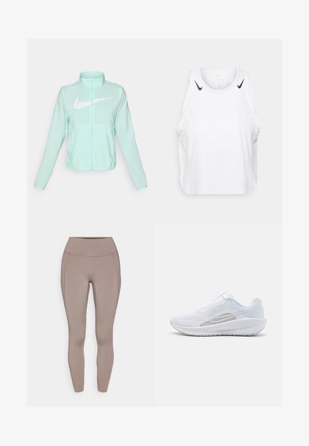 Jaka mint zelene barve Nike z visokim ovratnikom, polnim zadrgo, dolgimi rokavi in izrazitim belim logotipom swoosh na prsih. Lahka tkanina.; Bela brezrokavnik iz lahkega materiala, s črnimi Nike logotipnimi poudarki na ramenih, okroglo ovratnico in sproščenim krojem.; Visok pas s leginami iz gladkega, raztegljivega materiala v taupe barvi, z oblikovanim krojem in diskretnimi šivi.; Bela športna čevlja z mrežastim zgornjim delom, zaobljenim nosom in teksturiranim podplatom. Ima srebrni Nike znak in minimalističen dizajn.
