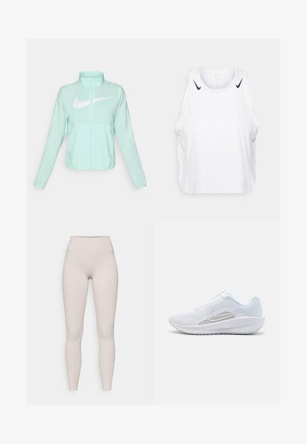 Giacca Nike verde menta con colletto alto, zipper completa, maniche lunghe e un grande logo swoosh bianco sul petto. Tessuto leggero.; Top senza maniche bianco realizzato in tessuto leggero, con accenti del logo Nike nero sulle spalle, scollatura rotonda e vestibilità morbida.; Leggings beige a vita alta realizzati in un morbido tessuto elasticizzato, con una texture liscia e un piccolo logo bianco vicino alla caviglia.; Scarpa sportiva bianca con tomaia in rete, punta arrotondata e suola testurizzata. Presenta il logo Nike in argento e un design minimalista.