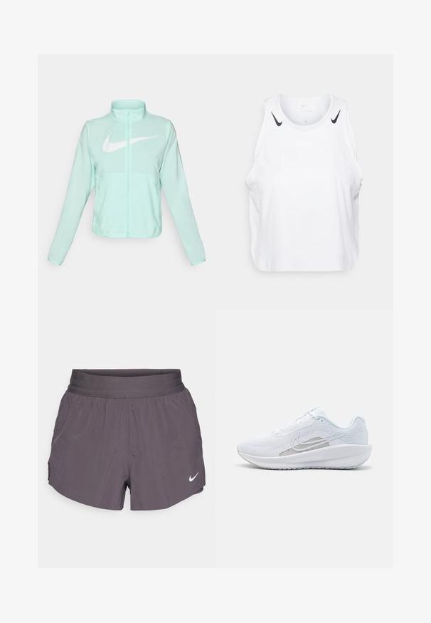Mündroheline Nike jakk kõrge krae, täispikk tõmblukuga, pikkade varrukatega ja silmapaistva valge swoosh-logo kaeluse peal. Kerge kangas.; Valge varrukateta t-särk, mis on valmistatud kergest kangast, mustade Nike logo detailidega õlgadel, ümmarguse kaelusega ja vabalt kulgev sobivus.; Nike jooksu lühikesed püksid tumedashalli värvuses, mis on varustatud laia elastse vöökoha, kergesti hingava materjali, küljetaskute ja diskreetse valge logoga.; Valge sportlik king, millel on võrgusilmast ülemine osa, ümar varvas ja tekstureeritud tallad. Omab hõbedast Nike logo ja minimalistikku disaini.
