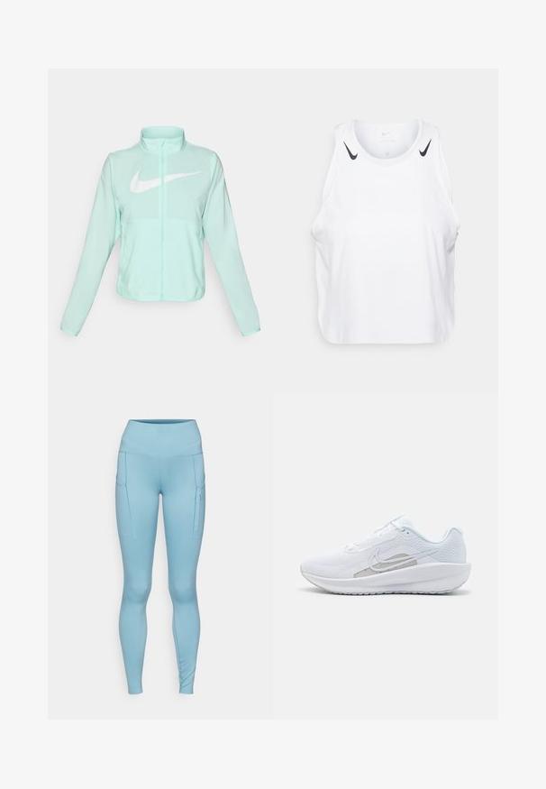 Mint green Nike jacket with a high collar, full zipper, long sleeves, and a prominent white swoosh logo on the chest. Lightweight fabric.; White sleeveless tank top made of lightweight fabric, featuring black Nike logo accents on shoulders, round neckline, and relaxed fit.; Light blue leggings with a high waistband, featuring two side pockets and a smooth, stretchy fabric. Design includes subtle stitching details.; White athletic shoe with mesh upper, rounded toe, and textured sole. Features a silver Nike swoosh and minimalistic design.