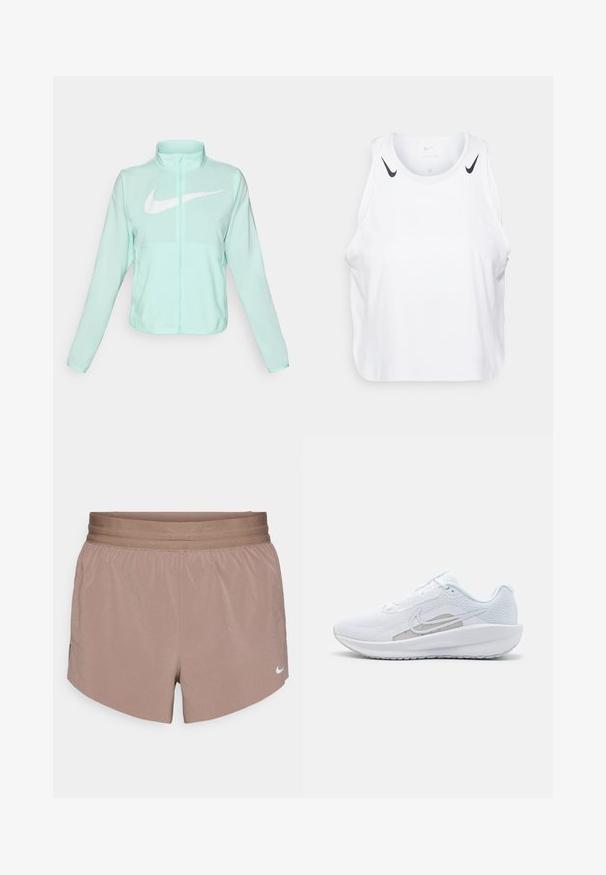 Chaqueta Nike de color verde menta con un alto cuello, cremallera completa, mangas largas y un prominente logo en forma de swoosh blanco en el pecho. Tejido ligero.; Top sin mangas blanco de tela ligera, con detalles del logo negro de Nike en los hombros, escote redondo y ajuste holgado.; Pantalones cortos Nike, tela ligera, color malva, diseño deportivo, cintura elástica, bolsillos laterales, pequeño logotipo en el dobladillo inferior.; Zapatilla deportiva blanca con parte superior de malla, punta redondeada y suela texturizada. Presenta un swoosh de Nike plateado y un diseño minimalista.