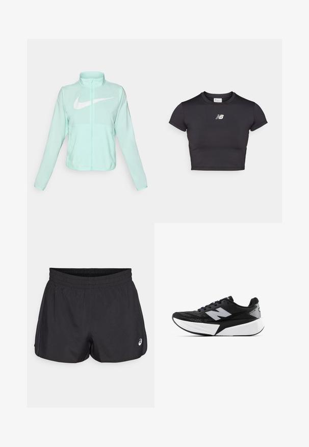 Giacca Nike verde menta con colletto alto, zipper completa, maniche lunghe e un grande logo swoosh bianco sul petto. Tessuto leggero.; Maglietta atletica nera corta con maniche corte, realizzata in tessuto elastico. Presenta un logo bianco sul davanti, scollatura rotonda e un design aderente.; Pantaloni sportivi neri con elastico in vita, tessuto liscio, orlo curvo e dettagli in rete laterali. Presentano un piccolo logo sul fronte.; Scarpa da corsa New Balance in bianco e nero con suola spessa, parte superiore in rete e logo "N" sul lato, vista dal lato esterno.