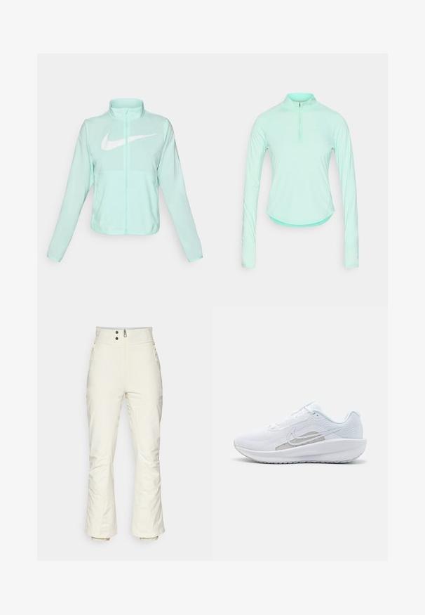 Giacca Nike verde menta con colletto alto, zipper completa, maniche lunghe e un grande logo swoosh bianco sul petto. Tessuto leggero.; Maglietta sportiva a maniche lunghe verde menta con colletto a zip, caratterizzata da un design aderente e un tessuto morbido e leggero.; Pantaloni da sci bianchi con vita alta, due tasche frontali con cerniera e polsini elastici. Texture liscia con una vestibilità leggermente ampia nella parte inferiore.; Scarpa sportiva bianca con tomaia in rete, punta arrotondata e suola testurizzata. Presenta il logo Nike in argento e un design minimalista.