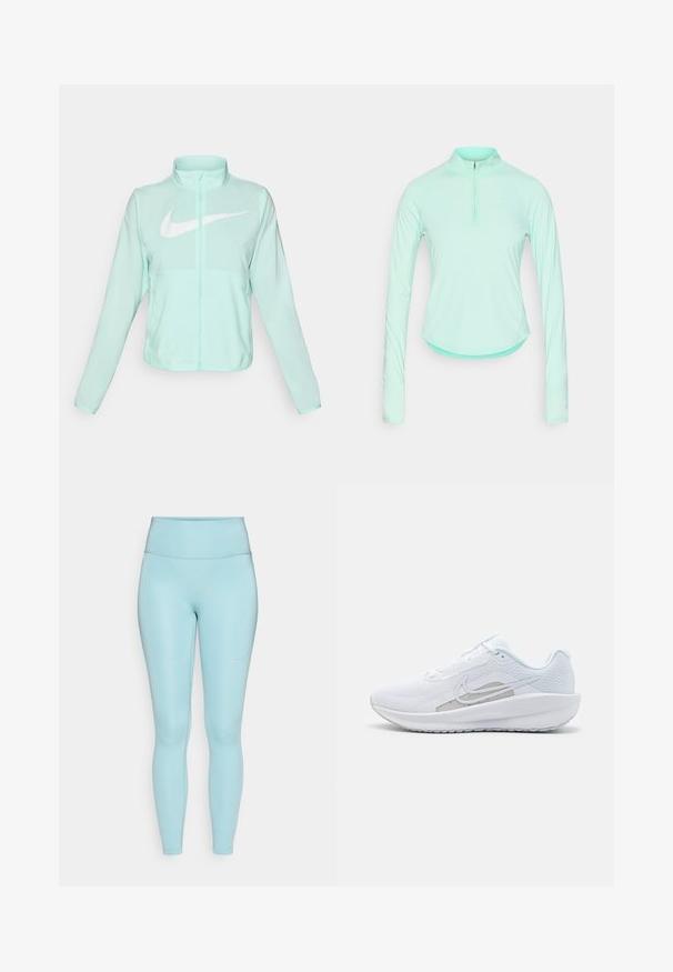 Mintgrön Nike-jacka med hög krage, full dragkedja, långa ärmar och en framträdande vit swoosh-logotyp på bröstet. Lätt tyg.; Mintgrön långärmad träningsskjorta med zip-up krage, med en figursydd design och mjuk, lättvikts tyg.; Ljusblå hög midja leggings med en slät, elastisk textur. Har minimal sömnad och en liten logotyp på låret.; Vit sportskor med övre del av mesh, rund tå och texturerad sula. Har en silverfärgad Nike swoosh och en minimalistisk design.