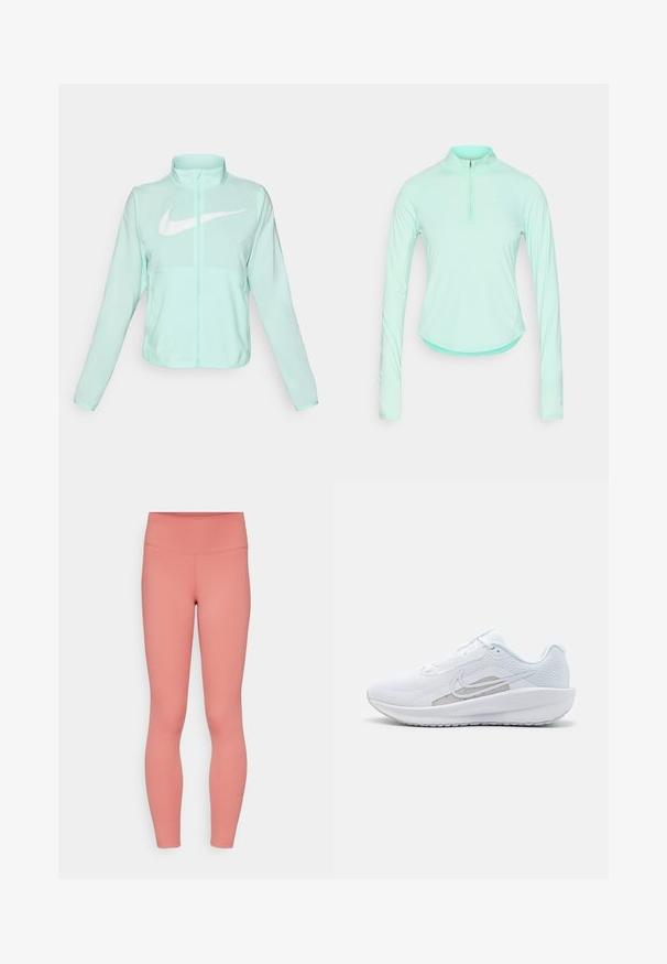 Minttu vihreä Nike-takki, jossa on korkea kaulus, täysi vetoketju, pitkät hihat ja suuri valkoinen swoosh-logo rinnassa. Kevyt kangas.; Minttivihreä pitkähihaainen urheilupaita, jossa on vetoketjullinen kaulus, ja joka on muotoiltu istuvaksi sekä valmistettu sileästä ja kevyestä kankaasta.; Vaaleanpunaiset venyvät legginsit, joissa on korkea vyötärö, sileä pinta ja minimaalinen ommel. Säären lähellä on pieni Nike-logo.; Valkoinen urheilujalkine, jossa on verkkomateriaali ylhäällä, pyöreä varvas ja teksturoitu pohja. Varustettu hopeisella Nike-ikkunalla ja minimalistisella muotoilulla.