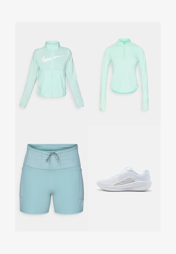 Mint zaļš Nike jaka ar augstu apkakli, pilnu rāvējslēdzēju, garām piedurknēm un izteiksmīgu balto swoosh logotipu uz krūtīm. Viegls audums.; Minta zaļa garām piedurknēm sportiska krekls ar rāvējslēdzēja apkakli, ar pieguļošu dizainu un gludu, vieglu audumu.; Gaiši zili sporta šorti ar platu elastīgu jostu, auklu un sānu kabatām. Gluda auduma, ar plakano šuvju dizainu komfortam.; Baltas sporta apdedzinājums ar sietu augšdaļu, noapaļotu purngalu un teksturētu zoli. Tam ir sudraba Nike zvīņa un minimālisma dizains.