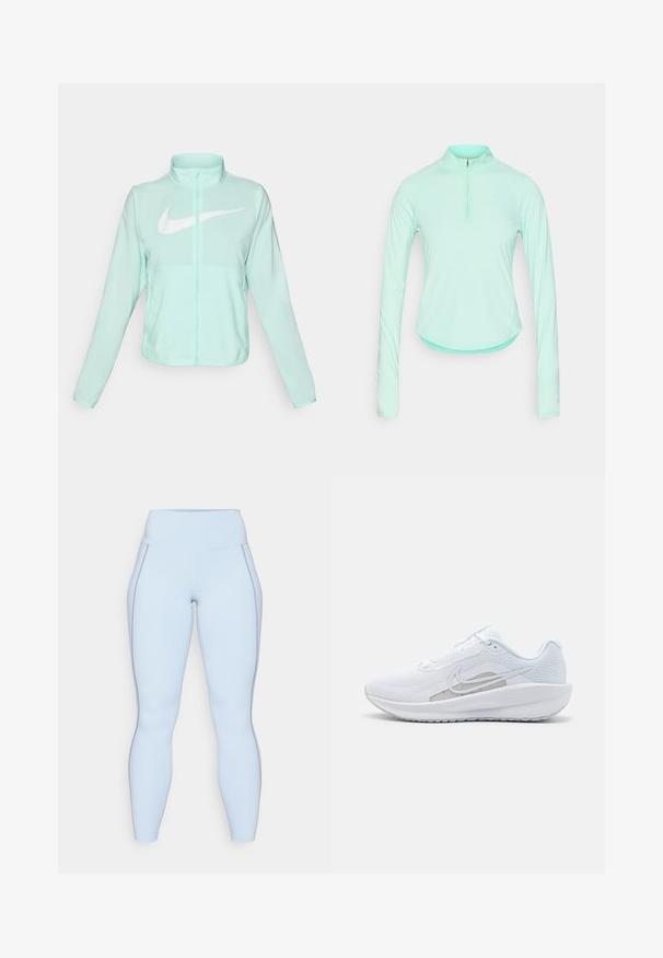 Mintgrønn Nike-jakke med høy krage, full glidelås, lange ermer og en fremtredende hvit swoosh-logo på brystet. Lettvektsmateriale.; Mintgrønn langermet treningstrøye med glidelås i kragen, med en tettsittende design og glatt, lett stoff.; Lys blå leggings med høy midje, glatt tekstur og kontrastsømmer langs sidene. Hel lang design.; Hvit sportssko med mesh-overdel, rund tå og teksturert såle. Har en sølvfarget Nike swoosh og et minimalistisk design.