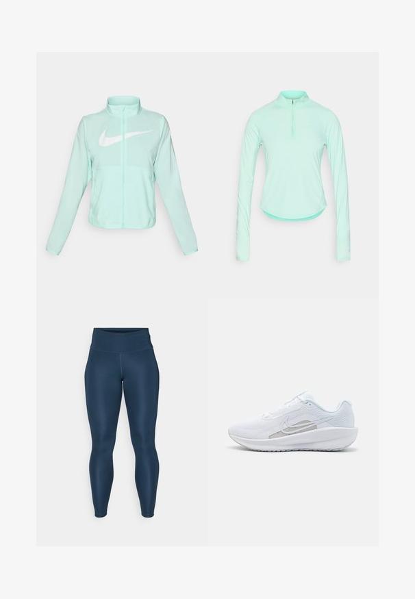 Mint green Nike jacket with a high collar, full zipper, long sleeves, and a prominent white swoosh logo on the chest. Lightweight fabric.; Mint green long-sleeve athletic shirt with a zippered collar, featuring a fitted design and smooth, lightweight fabric.; Navy blue leggings with a high waistband, crafted from a smooth, elastic material, featuring a fitted silhouette and no visible patterns.; White athletic shoe with mesh upper, rounded toe, and textured sole. Features a silver Nike swoosh and minimalistic design.