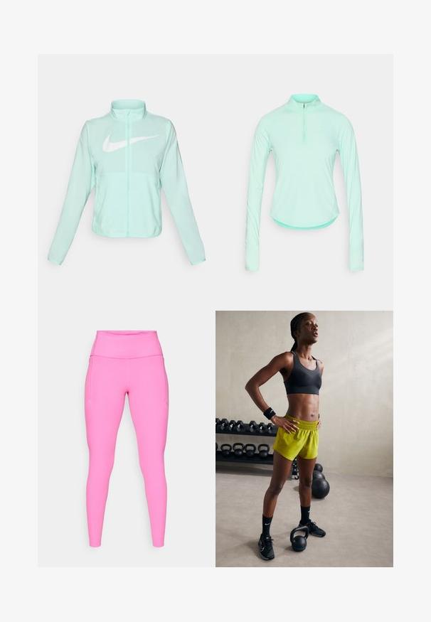 Mätovozelená Nike bunda s vysokým golierom, plným zipsom, dlhými rukávmi a výrazným bielym logom swoosh na hrudi. Ľahký materiál.; Mätovo zelené športové tričko s dlhým rukávom a zipsovým golierom, so priliehavým strihom a hladkým, ľahkým materiálom.; Ružové legíny vyrobené z elastického materiálu, s vysokým pásom a bočnými vreckami, hladkým povrchom a minimálnymi detailmi šitia.; Čierna športová podprsenka, jasne žlté šortky s elastickým pásom, čierne športové topánky a zápästné pásky, stojaca vedľa kettlebellov.