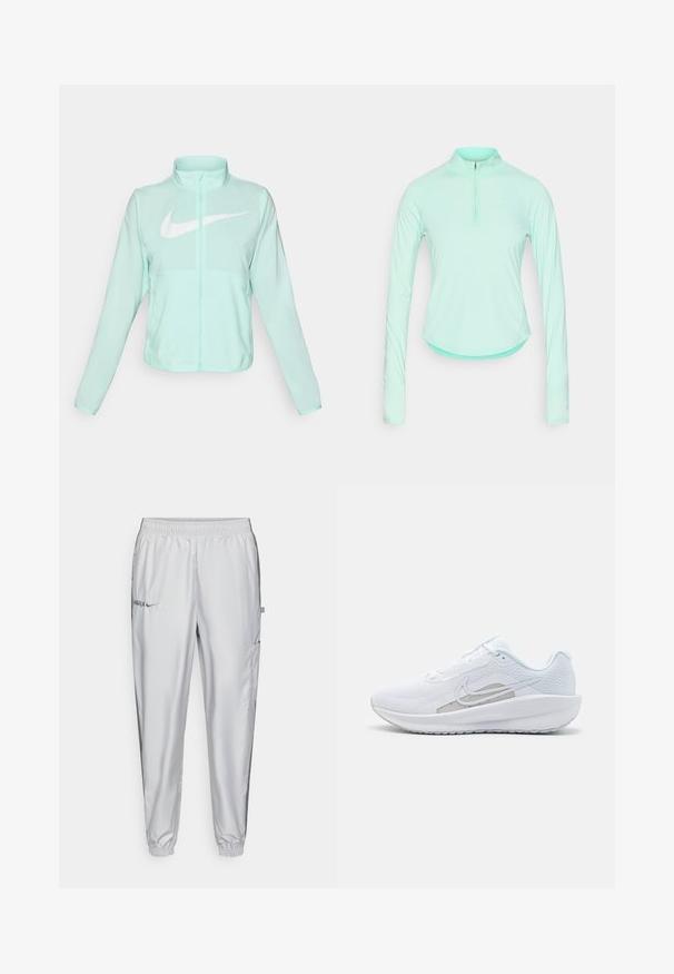 Chaqueta Nike de color verde menta con un alto cuello, cremallera completa, mangas largas y un prominente logo en forma de swoosh blanco en el pecho. Tejido ligero.; Camisa deportiva de manga larga color verde menta con cuello con cremallera, que presenta un diseño ajustado y una tela suave y ligera.; Pantalones deportivos gris claro hechos de tela lisa, con cintura elástica, bolsillos laterales y detalles de logotipo bordados en la parte delantera.; Zapatilla deportiva blanca con parte superior de malla, punta redondeada y suela texturizada. Presenta un swoosh de Nike plateado y un diseño minimalista.