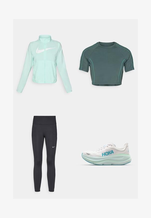 Μιντ πράσινη ζακέτα Nike με ψηλό γιακά, πλήρη φερμουάρ, μακριά μανίκια και εξέχον λευκό σήμα swoosh στο στήθος. Ελαφρύ ύφασμα.; Κροπ τοπ από σκούρο πράσινο ύφασμα με κοντά μανίκια, αντίθεση ανοιχτού πράσινου ραψίματος και στρογγυλή λαιμόκοψη με εφαρμοστή σχεδίαση.; Μαύρες κολάν από ελαστικό ύφασμα, με ψηλή μέση και λευκό λογότυπο Nike στο αριστερό μηρό. Λείος υφής, εφαρμοστή σχεδίαση.; Λευκά αθλητικά παπούτσια με επενδεδυμένη σόλα, μπλε λεπτομέρειες και πλέγμα στην επάνω πλευρά. Διαθέτουν έντονο λογότυπο και υφή στη σόλα για καλύτερη πρόσφυση.