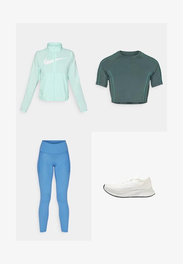 Mátově zelená Nike bunda s vysokým límcem, plným zipem, dlouhými rukávy a výrazným bílým swoosh logem na hrudi. Lehce prodyšný materiál.; Krátký top vyrobený z tmavě zelené látky, který má krátké rukávy, kontrastní světle zelené švy a kulatý výstřih s přiléhavým střihem.; Modré legíny s vysokým pasem, hladkým povrchem, bočními kapsami a přiléhavým střihem pro aktivní nošení.; Bílé běžecké boty s pleteným svrškem, lehkým designem, hladkou zaoblenou podrážkou a černou gumovou podešví. Mají ploché tkaničky a minimální akcenty.