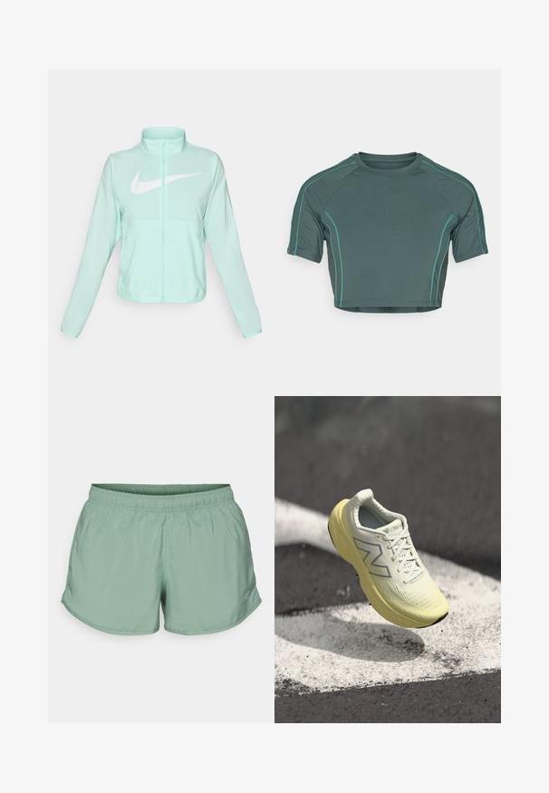 Mintgrüner Nike-Jacke mit hohem Kragen, durchgehendem Reißverschluss, langen Ärmeln und einem auffälligen weißen Swoosh-Logo auf der Brust. Leichtes Material.; Crop-Top aus dunkelgrünem Stoff mit kurzen Ärmeln, kontrastierendem hellgrünem Nähen und einem runden Halsausschnitt in taillierter Passform.; Hellgrüne Sportshorts mit elastischem Bund, seitlichen Schlitzen und Logo-Detail an der unteren Vorderseite. Hergestellt aus glattem, atmungsaktivem Material.; Hellgelbes Laufgeschäft mit strukturiertem Obermaterial, Schnürsenkeln und gepolsterter Sohle. Verfügt über ein silbernes Logo an der Seite und ein elegantes Design.