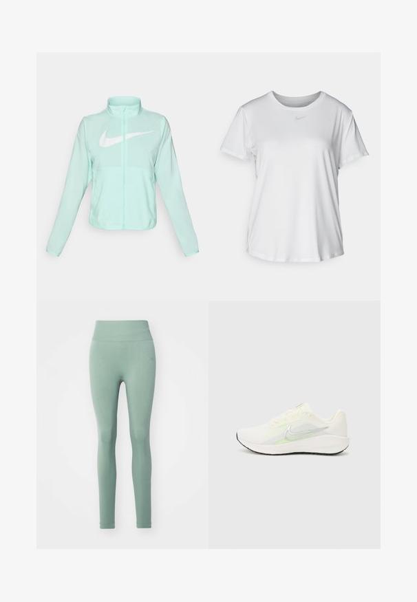 Giacca Nike verde menta con colletto alto, zipper completa, maniche lunghe e un grande logo swoosh bianco sul petto. Tessuto leggero.; T-shirt bianco a maniche corte realizzato in tessuto liscio, con scollatura tonda e un piccolo logo grigio Nike sul petto.; Leggings a vita alta, aderenti, di colore verde chiaro. Realizzati in tessuto elasticizzato con una texture liscia. Senza pattern o accessori notevoli.; Nike Performance DOWNSHIFTER 13 - Scarpe da corsa su strada - sail/silver-coloured photon dust/summit white/barely volt/black