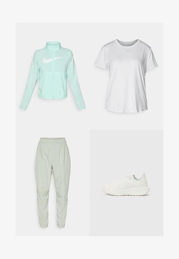 Jaka mint zelene barve Nike z visokim ovratnikom, polnim zadrgo, dolgimi rokavi in izrazitim belim logotipom swoosh na prsih. Lahka tkanina.; Bela kratka majica s kratkimi rokavi, izdelana iz gladkega blaga, z okroglim izrezom in majhnim sivim logotipom Nike na prsih.; Nike Performance DRI-FIT FAST - Spodnji deli trenirk - jade horizon; Bele športne čevlje z teksturiranim zgornjim delom, podloženim ovratnikom in vezalkami. Imajo ukrivljen podplat in subtilno blagovno znamko na strani.