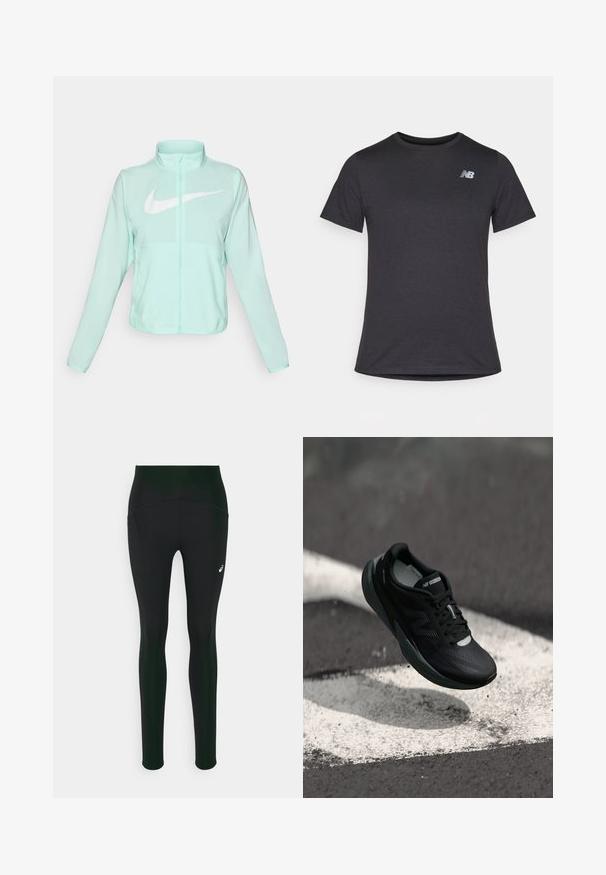 Giacca Nike verde menta con colletto alto, zipper completa, maniche lunghe e un grande logo swoosh bianco sul petto. Tessuto leggero.; T-shirt nera a maniche corte realizzata in tessuto morbido, con un piccolo logo grigio New Balance posizionato sulla parte superiore sinistra del petto, design classico con girocollo.; Leggings neri con design a vita alta, caratterizzati da una texture liscia e pratici taschini laterali. Presentano sottili dettagli riflettenti e un logo.; Scarpa da corsa nera con una tomaia testurizzata, design elegante e dettagli riflettenti. Presenta una suola morbida e ammortizzata per il comfort.