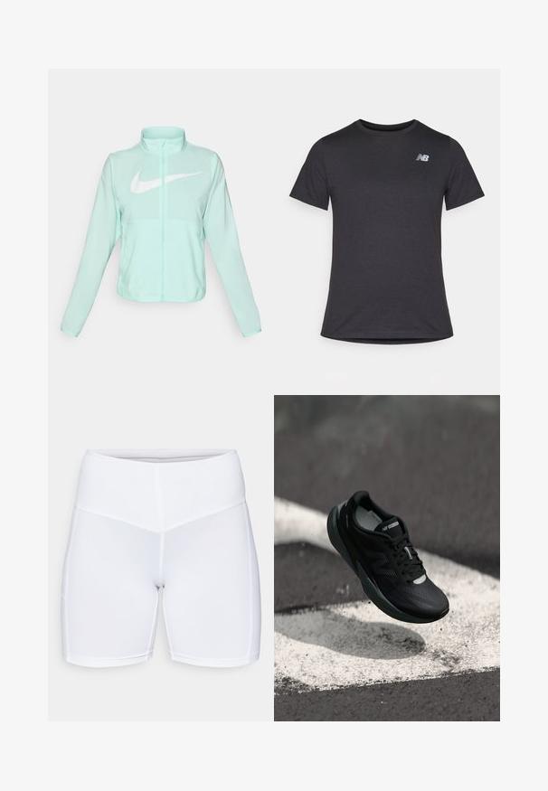 Mündroheline Nike jakk kõrge krae, täispikk tõmblukuga, pikkade varrukatega ja silmapaistva valge swoosh-logo kaeluse peal. Kerge kangas.; Must beebi särk, millel on lühikesed varrukad ja pehme kangas, ülaosas vasakul rinnal on väike hall New Balance'i logo, klassikaline ümar kaelus.; Valged sportlikud lühikesed püksid, mis on valmistatud elastsetest kangast, millel on kõrge vöökoht ja siledad õmblused. Sile tekstuur, ilma nähtavate taskute või mustriteta.; Mustmustööd mustad jooksujalatsid tekstureeritud pealsed, sujuv disain ja helendavad aktsendid. Omab pehmet, polsterdatud tallat, mis tagab mugavuse.