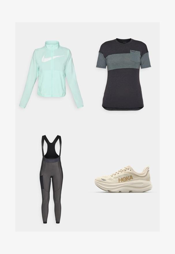 Miętowo-zielona kurtka Nike z wysokim kołnierzem, pełnym zamkiem błyskawicznym, długimi rękawami i wyraźnym białym logo swoosh na piersi. Lekki materiał.; Koszulka z krótkim rękawem w ciemnoszarym i szmaragdowym kolorze z poziomym paskiem kolorystycznym, z kieszonką na piersi i metką na dekolcie.; Bib-style spodenki rowerowe w ciemnoszarym kolorze. Wykonane z elastycznego materiału, posiadające wyściółkę, siateczkowe ramiączka oraz boczną kieszeń. Gładka tekstura.; Jasno-beżowe buty do biegania z siateczkowym cholewką, wyściełanym kołnierzem, wyraźnym logo "HOKA" w kolorze złotym oraz grubą, amortyzującą podeszwą dla komfortu.