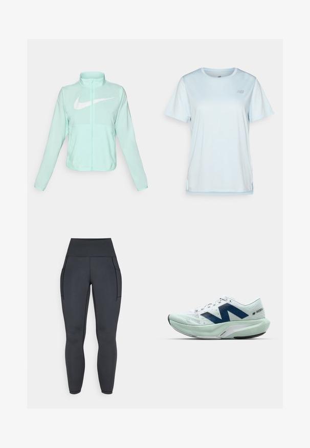 Jachetă Nike verde mentă cu un guler înalt, fermoar complet, mâneci lungi și un logo alb proeminent în formă de swoosh pe piept. Material ușor.; New Balance Bluză sport - frosted glass; Leggings negre cu talie înaltă, realizate dintr-un material elastic și neted. Dispun de două buzunare laterale și cusături în contrast pe margini.; Pantofii de alergare ușori, de culoare albă și verde mentă deschis, cu accente albastre, din plasă texturată și o talpă cu amortizare, având călcâiul pronunțat.