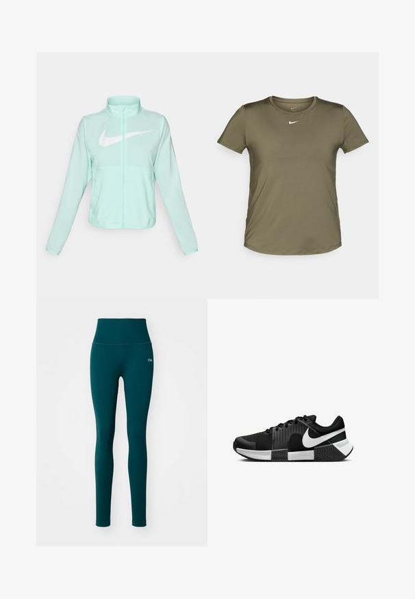 Mintgroene Nike-jas met een hoge kraag, volledige rits, lange mouwen en een opvallend wit swoosh-logo op de borst. Lichtgewicht stof.; Olijfgroene t-shirt met korte mouwen van Nike, met een ronde hals, gemaakt van een zachte stof, met een klein wit logo op de borst.; Teal hoge taille legging gemaakt van ribstof. Heeft een gladde textuur en een klein logo op de linkse heup. Geen patronen of versieringen.; Zwarte sportieve schoenen met een bovenwerk van gaas, textuurpanelen aan de zijkant en witte accenten. De zool is verdeeld met een rubberen grippatroon.