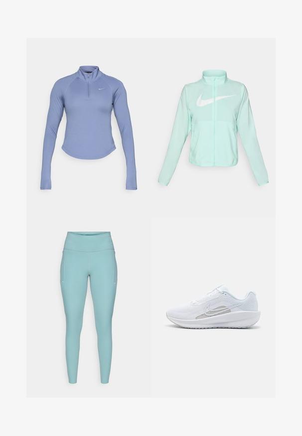 Mintgrön Nike-jacka med hög krage, full dragkedja, långa ärmar och en framträdande vit swoosh-logotyp på bröstet. Lätt tyg.; Ljusblå långärmad zip-up topp tillverkad av mjukt, elastiskt material. Har en hög krage och en liten logotyp på vänster bröst.; Ljusblå leggings gjorda av elastiskt material, med hög midja, sömlös design och minimala vita accenter på sidorna.; Vit sportskor med övre del av mesh, rund tå och texturerad sula. Har en silverfärgad Nike swoosh och en minimalistisk design.