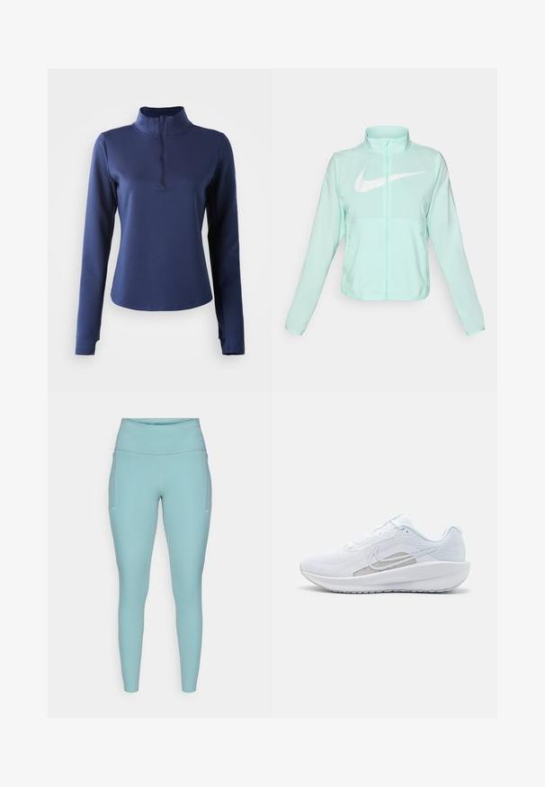 Mintgrüner Nike-Jacke mit hohem Kragen, durchgehendem Reißverschluss, langen Ärmeln und einem auffälligen weißen Swoosh-Logo auf der Brust. Leichtes Material.; Navyfarbener Langarmshirt mit hohem Kragen und einem Viertel-Reißverschluss. Glatte Textur, taillierte Passform und Nahtdetails entlang des Ausschnitts.; Helle blaue Leggings aus dehnbarem Material, mit hohem Bund, nahtlosem Design und minimalen weißen Akzenten an den Seiten.; Weißer Sport Schuh mit Mesh-Obermaterial, abgerundeter Zehenpartie und strukturiertem Sohlenprofil. Mit einem silbernen Nike Swoosh und minimalistischem Design.
