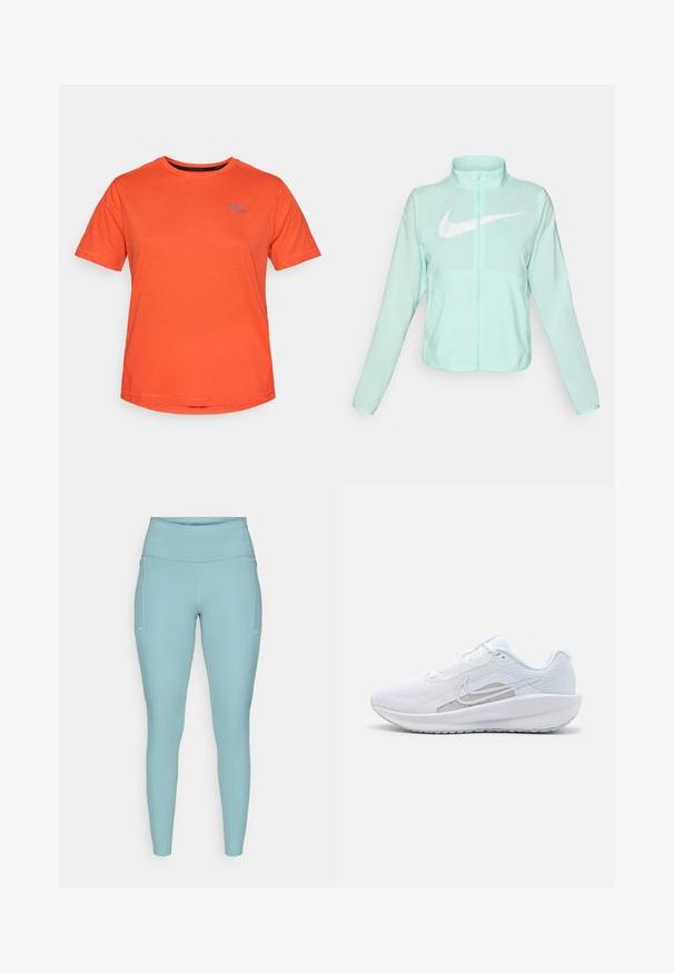 Chaqueta Nike de color verde menta con un alto cuello, cremallera completa, mangas largas y un prominente logo en forma de swoosh blanco en el pecho. Tejido ligero.; Camiseta de manga corta naranja hecha de algodón suave, con un logo de montaña azul en el lado izquierdo del pecho, con cuello redondo y corte regular.; Leggings de color azul claro, hechos de material elástico, con una cintura alta, diseño sin costuras y acentos blancos mínimos a los lados.; Zapatilla deportiva blanca con parte superior de malla, punta redondeada y suela texturizada. Presenta un swoosh de Nike plateado y un diseño minimalista.