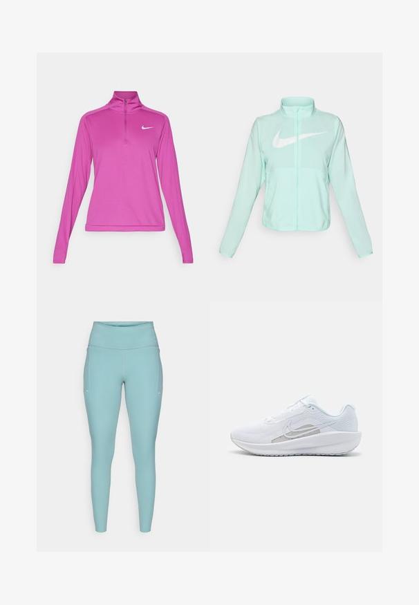 Mündroheline Nike jakk kõrge krae, täispikk tõmblukuga, pikkade varrukatega ja silmapaistva valge swoosh-logo kaeluse peal. Kerge kangas.; Nike Performance DRI-FIT PACER - Pikkade varrukatega topp - hot fuchsia; Heledad hallikas sininelegging, valmistatud venivast materjalist, millel on kõrge vöökoht, õmblusteta disain ja minimaalsed valged aktsendid külgedel.; Valge sportlik king, millel on võrgusilmast ülemine osa, ümar varvas ja tekstureeritud tallad. Omab hõbedast Nike logo ja minimalistikku disaini.