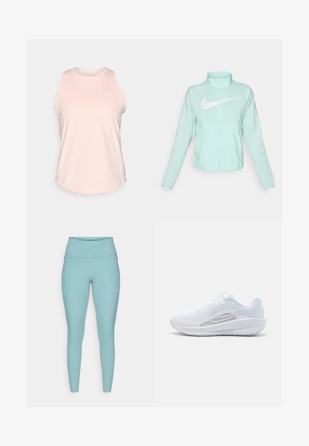 Veste Nike vert menthe avec un col haut, fermeture éclair complète, manches longues et un logo swoosh blanc bien visible sur la poitrine. Tissu léger.; Débardeur de sport sans manches rose clair en tissu lisse, avec un col rond et un logo Nike blanc sur la poitrine. Ourlet arrondi.; Leggings bleu clair en matière extensible, dotés d'une taille haute, d'un design sans couture et de légères accents blancs sur les côtés.; Baskets blanches avec une tige en mesh, bout rond et semelle texturée. Présentent un swoosh Nike argenté et un design minimaliste.