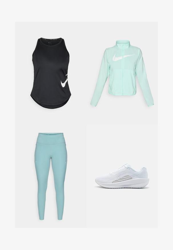 Mündroheline Nike jakk kõrge krae, täispikk tõmblukuga, pikkade varrukatega ja silmapaistva valge swoosh-logo kaeluse peal. Kerge kangas.; Must värvi sportlik tank top, mis on valmistatud siledast kangast, millel on kaardus äär ja silmapaistva valge Nike logo vasakul küljel.; Heledad hallikas sininelegging, valmistatud venivast materjalist, millel on kõrge vöökoht, õmblusteta disain ja minimaalsed valged aktsendid külgedel.; Valge sportlik king, millel on võrgusilmast ülemine osa, ümar varvas ja tekstureeritud tallad. Omab hõbedast Nike logo ja minimalistikku disaini.