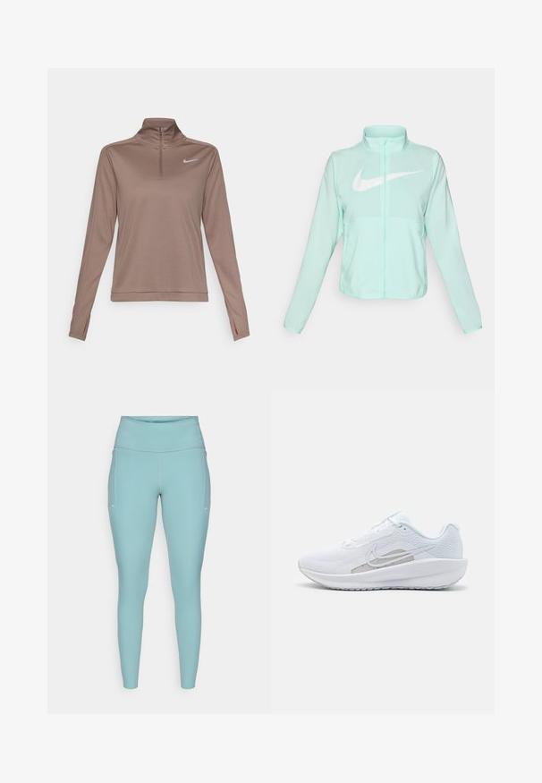 Minttu vihreä Nike-takki, jossa on korkea kaulus, täysi vetoketju, pitkät hihat ja suuri valkoinen swoosh-logo rinnassa. Kevyt kangas.; Nike Performance DRI-FIT PACER - Pitkähihainen paita - mink brown/reflective silver; Vaaleansiniset legginsit, jotka on valmistettu joustavasta materiaalista. Ne sisältävät korkean vyötärön, saumattoman muotoilun ja minimaalista valkoista yksityiskohtaa sivuilla.; Valkoinen urheilujalkine, jossa on verkkomateriaali ylhäällä, pyöreä varvas ja teksturoitu pohja. Varustettu hopeisella Nike-ikkunalla ja minimalistisella muotoilulla.