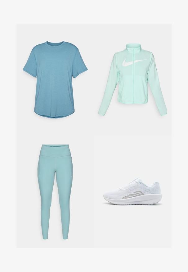 Mintgrønn Nike-jakke med høy krage, full glidelås, lange ermer og en fremtredende hvit swoosh-logo på brystet. Lettvektsmateriale.; Kortermet t-skjorte med rund hals i lyseblå, laget av myk stoff med avslappet passform, med buet kant og minimale sømdetaljer.; Lyseblå treningstights laget av elastisk materiale, med høy midje, sømløst design og minimale hvite detaljer på sidene.; Hvit sportssko med mesh-overdel, rund tå og teksturert såle. Har en sølvfarget Nike swoosh og et minimalistisk design.