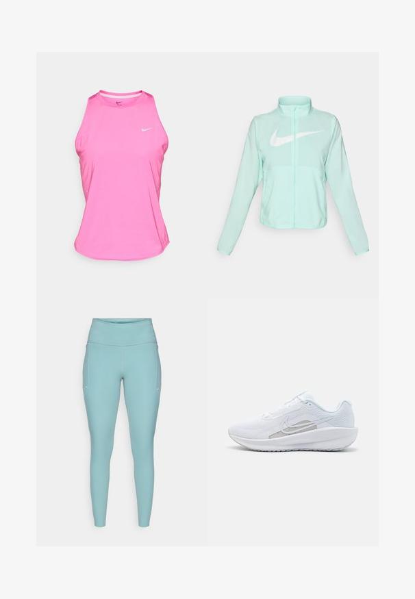 Jaka mint zelene barve Nike z visokim ovratnikom, polnim zadrgo, dolgimi rokavi in izrazitim belim logotipom swoosh na prsih. Lahka tkanina.; Roza športna majica brez rokavov iz sintetičnega materiala, z okroglo izrezom in majhnim belim logotipom Nike spredaj.; Svetlo modre leginge iz raztegljivega materiala, ki imajo visok pas, brezšivno zasnovo in minimalne bele poudarke na straneh.; Bela športna čevlja z mrežastim zgornjim delom, zaobljenim nosom in teksturiranim podplatom. Ima srebrni Nike znak in minimalističen dizajn.