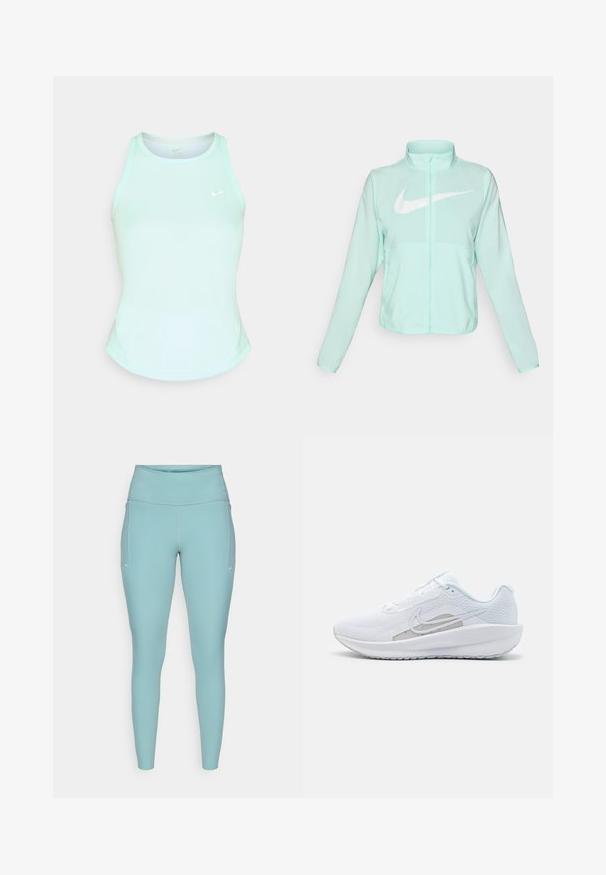 Mintgrön Nike-jacka med hög krage, full dragkedja, långa ärmar och en framträdande vit swoosh-logotyp på bröstet. Lätt tyg.; Mintgrön träningstopp i ärmlös design med rundad halsringning och slim fit. Liten vit Nike-logga på framsidan.; Ljusblå leggings gjorda av elastiskt material, med hög midja, sömlös design och minimala vita accenter på sidorna.; Vit sportskor med övre del av mesh, rund tå och texturerad sula. Har en silverfärgad Nike swoosh och en minimalistisk design.