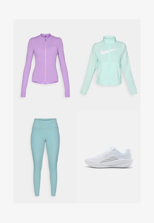 Mintgrønn Nike-jakke med høy krage, full glidelås, lange ermer og en fremtredende hvit swoosh-logo på brystet. Lettvektsmateriale.; Lilla langermet treningsgenser med glidelås foran, slim fit, glatt tekstur og kontrasterende rosa glidelås; har en logo nær kragen.; Lyseblå treningstights laget av elastisk materiale, med høy midje, sømløst design og minimale hvite detaljer på sidene.; Hvit sportssko med mesh-overdel, rund tå og teksturert såle. Har en sølvfarget Nike swoosh og et minimalistisk design.
