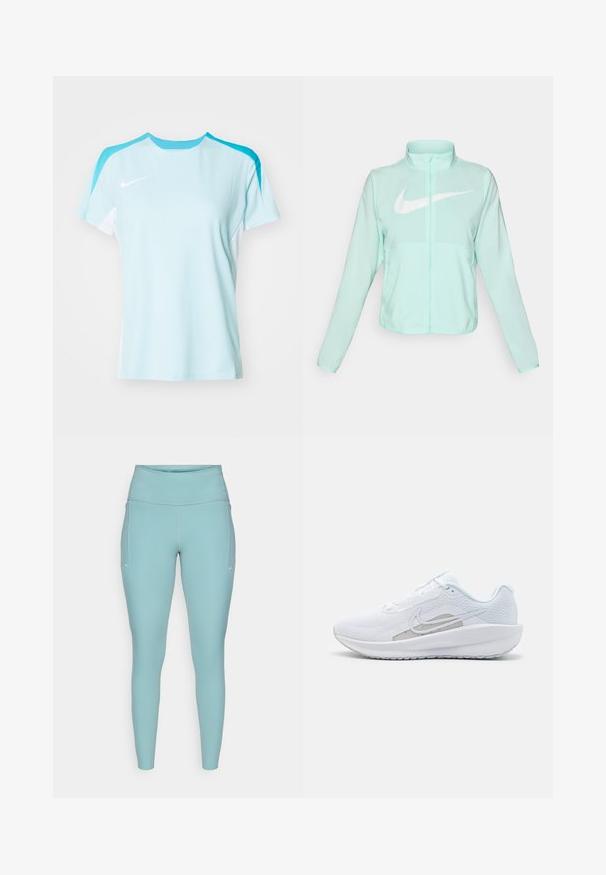 Casaco Nike verde menta com colarinho alto, fecho completo, mangas longas e um proeminente logótipo swoosh branco no peito. Tecido leve.; T-shirt atlético azul claro com mangas curtas. Apresenta um logo da Nike branco no peito e detalhes contrastantes em turquesa nos ombros.; Leggings azul claro feitos de material elástico, com uma cintura alta, design sem costuras e mínimos detalhes brancos nas laterais.; Sapatilha atlética branca com parte superior em rede, bico arredondado e sola texturizada. Apresenta o símbolo Nike em prata e um design minimalista.